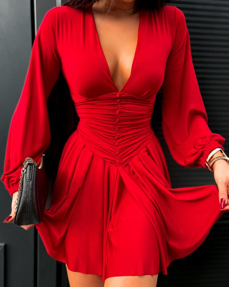 Deep V Neck Lantern Sleeve Ruched Pleated A Line Flowy Dress Single Breasted Decor Cinched Waist Party Dress, women Long Sleeves Dresses, ChicMe catalog