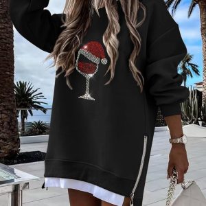 Christmas Rhinestone Wine Glass Pattern Drop Shoulder Sweatshirt Casual Zipper Side Slit Faux Two-Piece Top, women Sweats & Hoodies, ChicMe catalog