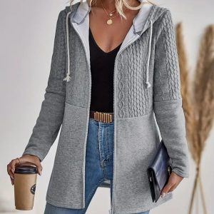 Cable Textured Zip Up Casual Hooded Coat, women Jackets & Coats, ChicMe catalog