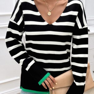 Striped V-Neck Long Sleeve Side Slit Knit Sweater, women Sweaters & Cardigans, ChicMe catalog