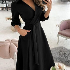 Turn-down Collar Overlap V-Neck Three Quarters Sleeves Minimalist Shirt Dress Casual Tie Waist Wrap Front Commuting Dress, women Shirt Dresses, ChicMe catalog