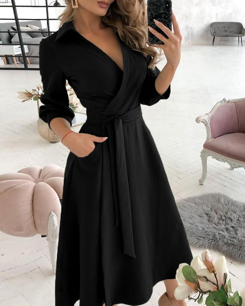 Turn-down Collar Overlap V-Neck Three Quarters Sleeves Minimalist Shirt Dress Casual Tie Waist Wrap Front Commuting Dress, women Shirt Dresses, ChicMe catalog