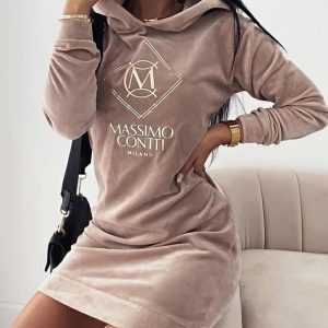 Letter Embroidery Velvet Hooded Sweatshirt Dress, women Casual Dresses, ChicMe catalog