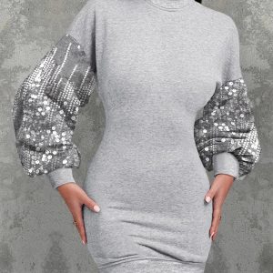 O-neck Lantern Sleeve Sequin Patch Bodycon Sweatshirt Dress, women Bodycon Dresses, ChicMe catalog