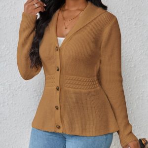 Lapel Neck Button Down Cable Knit Sweater, women Sweaters & Cardigans, ChicMe catalog