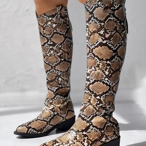 Snakeskin Print Chunk Heel Knee-High Boots, women Boots, ChicMe catalog