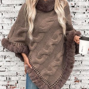 High Neck Cloak Sleeve Fuzzy Detail Asymmetrical Hem Knit Cape Sweater, women Sweaters & Cardigans, ChicMe catalog