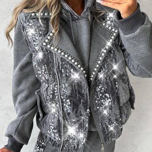 Contrast Sequin Pearls Decor Vest Puffer Coat, women Jackets & Coats, ChicMe catalog