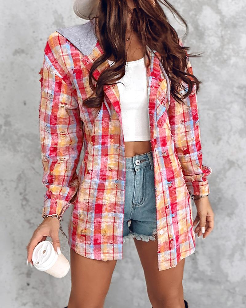 Plaid Print Button Front Drawstring Colorblock Hoodie Jacket Casual Pocket Design Distressed Coat, women Jackets & Coats, ChicMe catalog