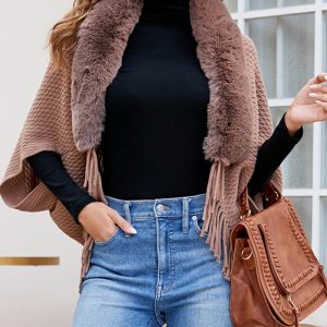 Plush Collar Tassels Trim Knit Cape Front Open Cardigan, women Sweaters & Cardigans, ChicMe catalog