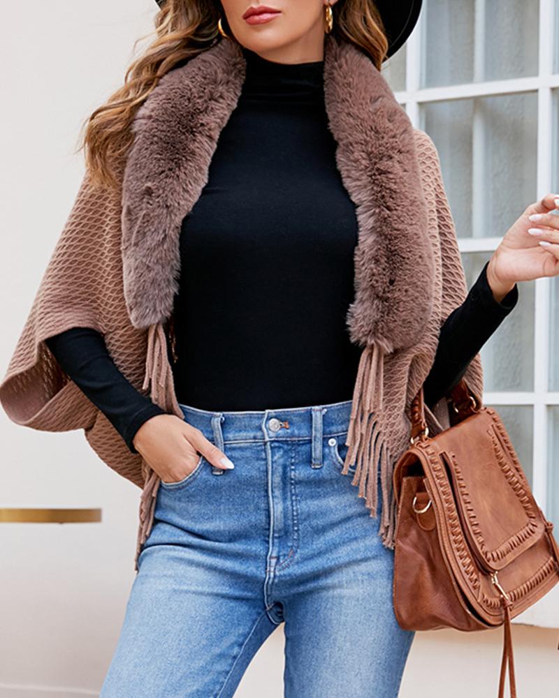 Plush Collar Tassels Trim Knit Cape Front Open Cardigan, women Sweaters & Cardigans, ChicMe catalog