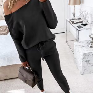 2 Piece Lounge Outfit Long Sleeve Skew Neck Pullover Tops Stretchy Waist Pants Set Tracksuit, women Two-piece Sets, ChicMe catalog