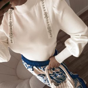 Mock Neck Knit Sweaters Gigot Sleeve Rhinestone Decor Pullover Tops, women Sweaters & Cardigans, ChicMe catalog