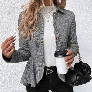 Striped Button Front Ruffle Hem Slim Fit Blazer Coat, women Jackets & Coats, ChicMe catalog