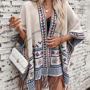 Boho Tribal Geometric Pattern Cape Tassel Hem V-Neck Open Front Knit Cardigan, women Sweaters & Cardigans, ChicMe catalog