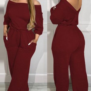 Off Shoulder V-Back Elastic Waist Pockets Design Jumpsuit Casual Drop Shoulder Cinched Waist Wide Leg Jumpsuit, women Jumpsuits, ChicMe catalog