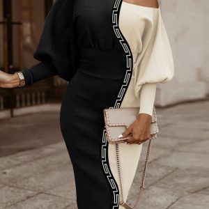 Colorblock Geo Trim Cold Shoulder Lantern Sleeve Midi Dress, women Midi Dresses, ChicMe catalog