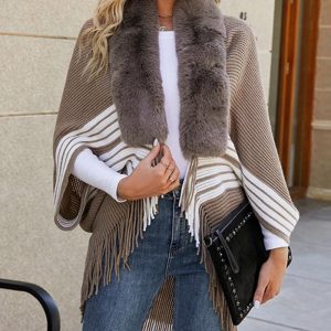 Striped Fringe Hem Poncho Knit Cardigan, women Sweaters & Cardigans, ChicMe catalog