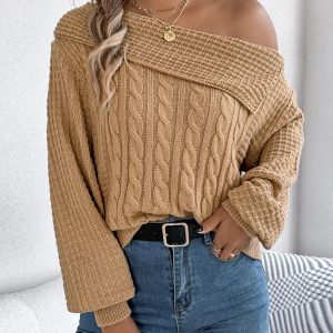 Skew Neck Long Sleeve Cable Knit Sweater, women Sweaters & Cardigans, ChicMe catalog
