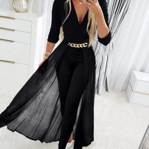 Chain Decor Sheer Mesh Overlap Long Sleeve Jumpsuit, women Jumpsuits, ChicMe catalog