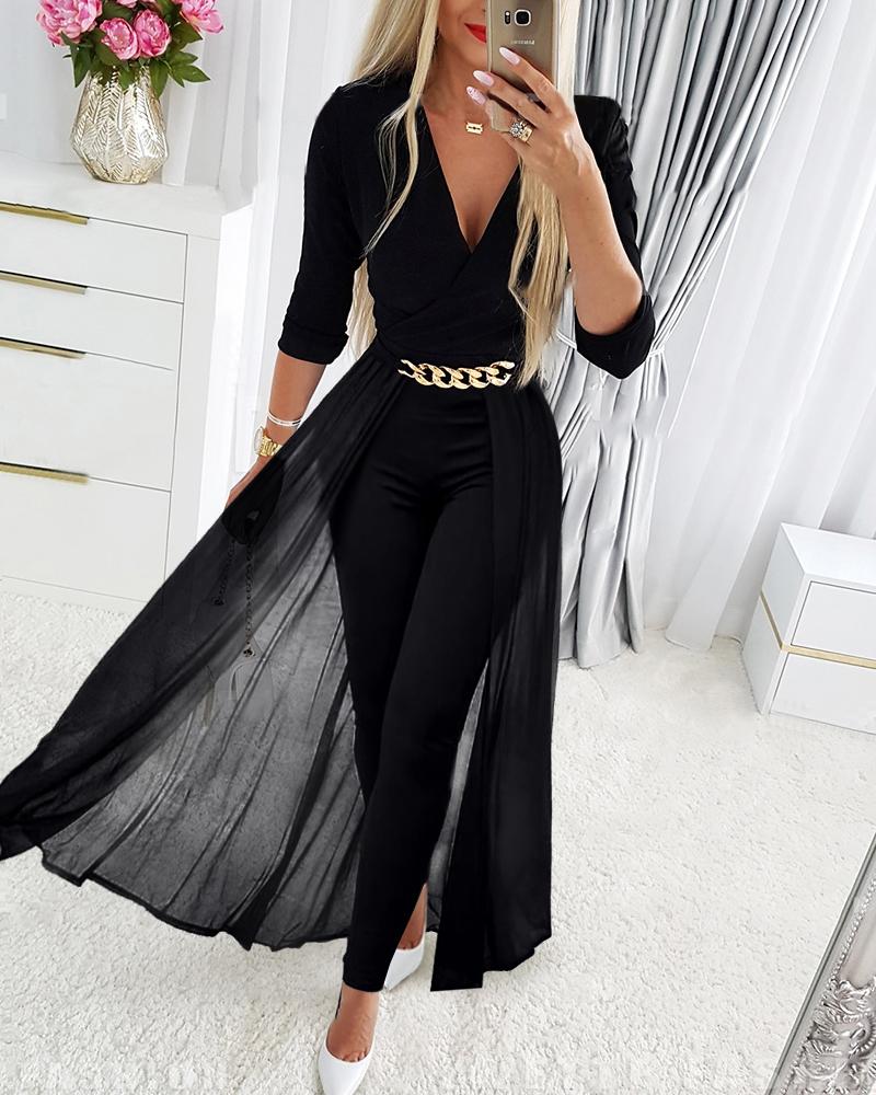Chain Decor Sheer Mesh Overlap Long Sleeve Jumpsuit, women Jumpsuits, ChicMe catalog