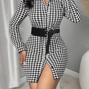 Houndstooth Print Long Sleeve Turn-down Collar Bodycon Dress Button Front Mini Dress, women Shirt Dresses, ChicMe catalog