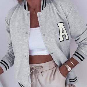 Latter Pattern Striped Snap Button Baseball Coat, women Jackets & Coats, ChicMe catalog