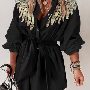 Sequin Wings Pattern Button Down Shirt Dress Long Sleeve Tied Waist Mini Dress, women Shirt Dresses, ChicMe catalog