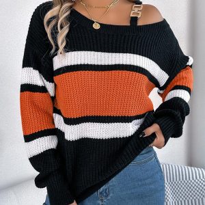 Colorblock Striped Cold Shoulder Buckled Knit Sweater, women Sweaters & Cardigans, ChicMe catalog