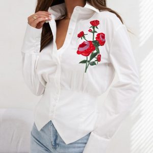 Embroidery Floral Pattern Button Down Asymmetrical Hem Shirt Top, women Blouses & Shirts, ChicMe catalog