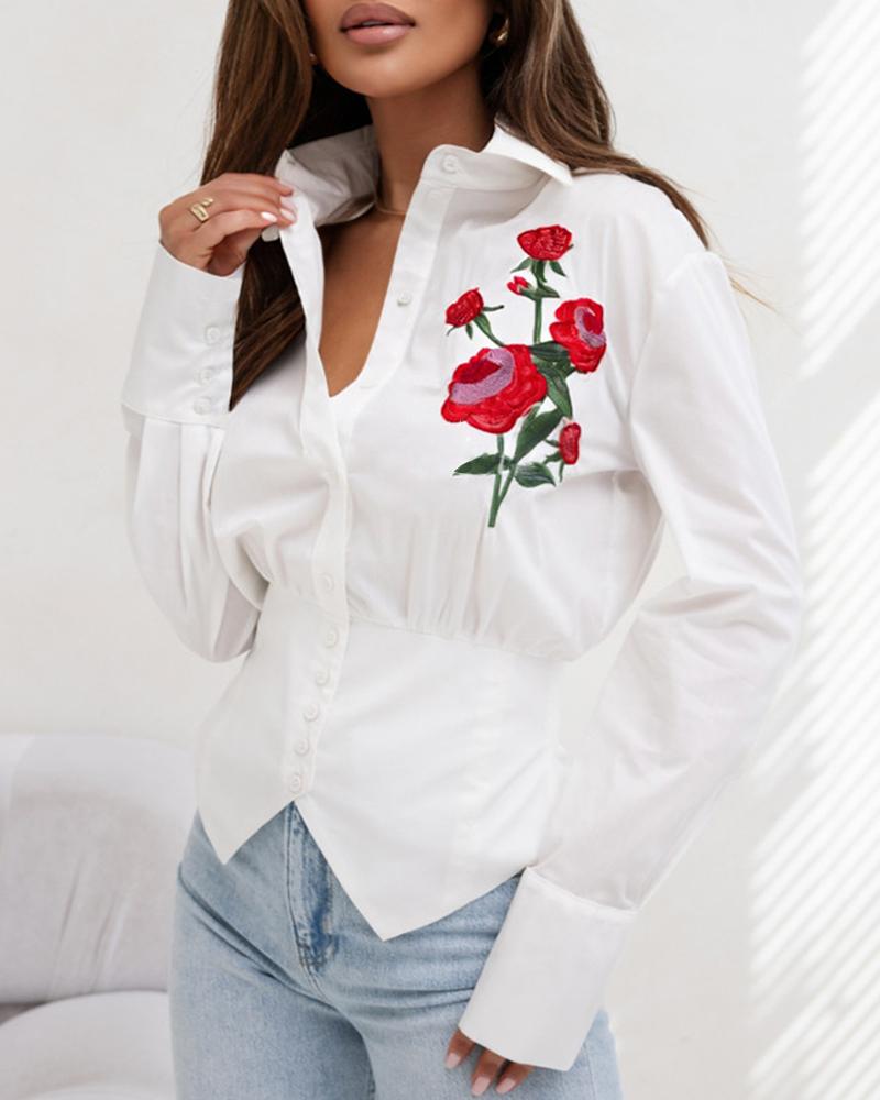Embroidery Floral Pattern Button Down Asymmetrical Hem Shirt Top, women Blouses & Shirts, ChicMe catalog