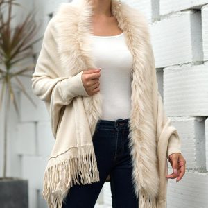 Fluffy Trim Collar Wraps Oversized Knitted Tassel Design Cape Cardigan, women Sweaters & Cardigans, ChicMe catalog