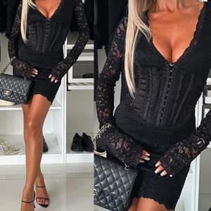 Deep V-Neck Long Sleeve Hook Front Corset Lace Bodycon Dress, women Bodycon Dresses, ChicMe catalog