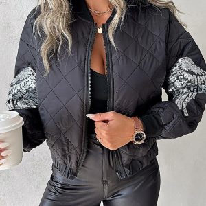 Sequin Wings Decor Argyle Pattern Baseball Collar Zip Up Jacket Casual Stretchy Hem Crop Padded Coat, women Jackets & Coats, ChicMe catalog