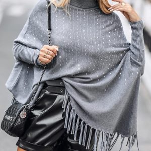 High Neck Batwing Sleeve Rhinestone Decor Tassel Design Knit Sweater, women Sweaters & Cardigans, ChicMe catalog
