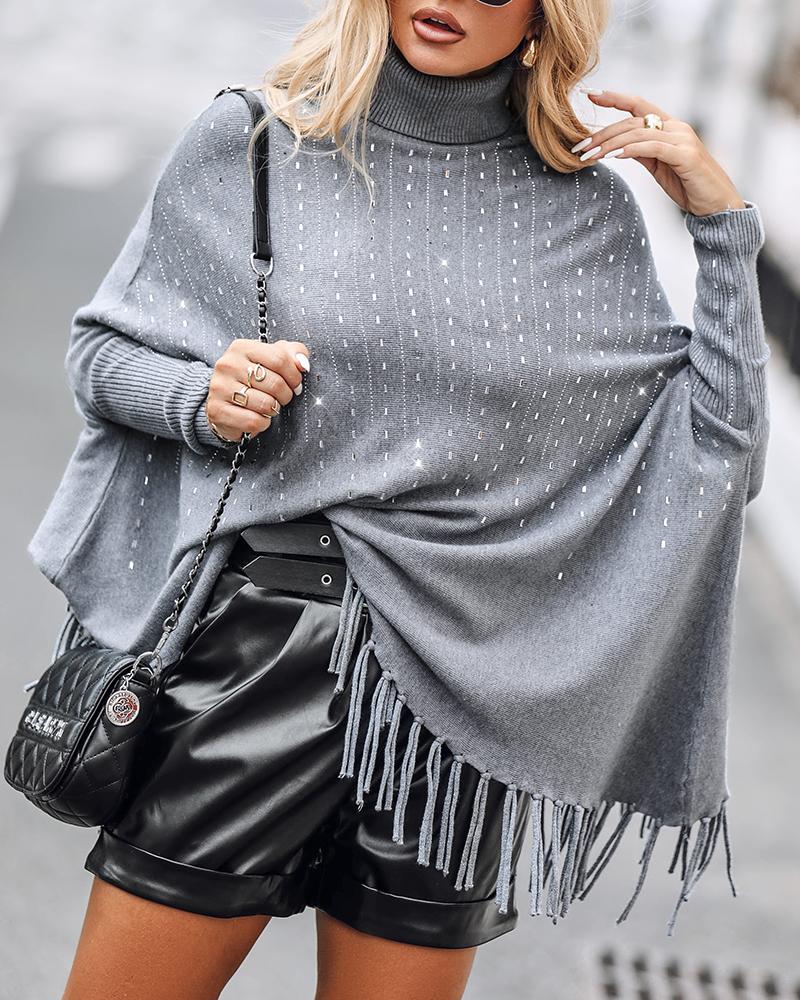 High Neck Batwing Sleeve Rhinestone Decor Tassel Design Knit Sweater, women Sweaters & Cardigans, ChicMe catalog