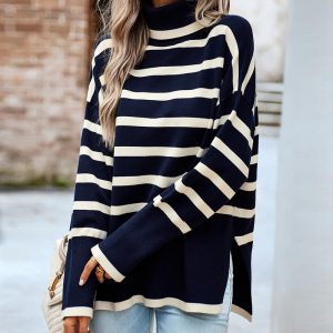 Striped High Neck Side Slit Knit Sweater, women Sweaters & Cardigans, ChicMe catalog