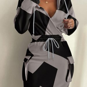 Geo Print Drawstring Waist Hooded Sweatshirt Dress, women Casual Dresses, ChicMe catalog