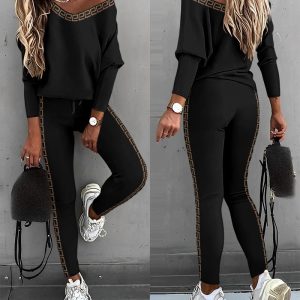 2 Pieces Outfit Skew Neck Gigot Sleeve Top and Drawstring Elastic Waist Slim Fit Pants Set Casual Geo Tape Patch Set, women Two-piece Sets, ChicMe catalog