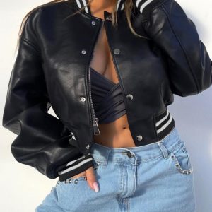PU Leather Striped Bomber Jacket Causal Baseball Crop Top Snap Button Zip Up Sports Outwear Jackets, women Jackets & Coats, ChicMe catalog