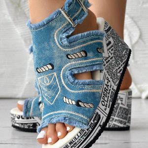 Geometric Letter Pattern Raw Hem Buckled Denim Wedge Sandals, women Wedges Shoes, ChicMe catalog