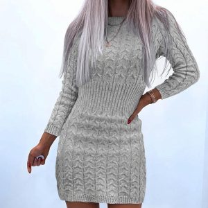 O Neck Long Sleeve Bodycon Braided Sweater Dress, women Long Sleeves Dresses, ChicMe catalog