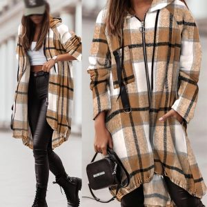 Plaid Pattern Shacket Jacket Zip Up Oversized Longline Shirt Casual Hooded Coats with Pockets, women Jackets & Coats, ChicMe catalog