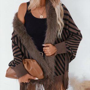 Striped Batwing Sleeve Knit Cape Wrap Warm Outdoor Fluffy Trim Tassel Hem Cardigan, women Sweaters & Cardigans, ChicMe catalog