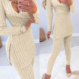 2 Pieces Outfit Heart Chain Decor Overlap V-Neck Slit Side Top and Elastic Waist Skinny Pants Set Casual Ribbed Set, women Two-piece Sets, ChicMe catalog
