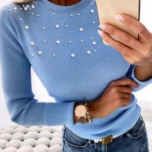 Long Sleeve Crewneck Knit Sweater Beaded Pullover Tops, women Sweaters & Cardigans, ChicMe catalog