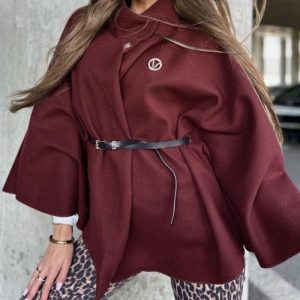 High Neck Single Button Bell Sleeve Jacket Belted Flowy Cape Coat, women Jackets & Coats, ChicMe catalog