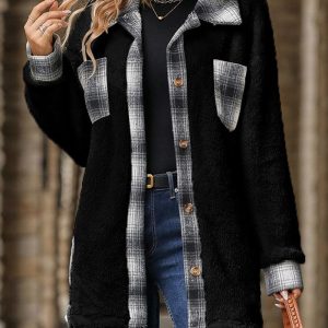 Plaid Print Pocket Design Long Sleeve Buttoned Teddy Coat Outfit, women Jackets & Coats, ChicMe catalog