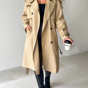 Notched Collar Double Breasted Longline Trench Coat, women Jackets & Coats, ChicMe catalog