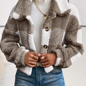 Plaid Pattern Turn-down Collar Teddy Coat Button Front Fleece Thermal Jacket, women Jackets & Coats, ChicMe catalog